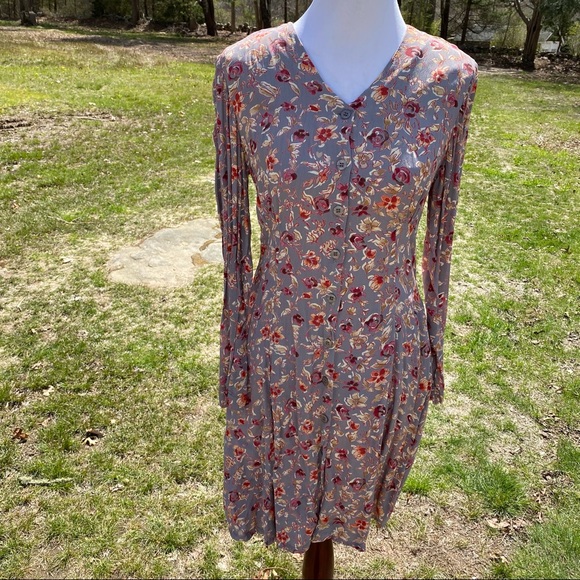 ADINI DRESS VINTAGE GRAY WHITE RED FLORAL V-NECK LONG SLEEVE BUTTON FRONT Size M - Picture 1 of 8